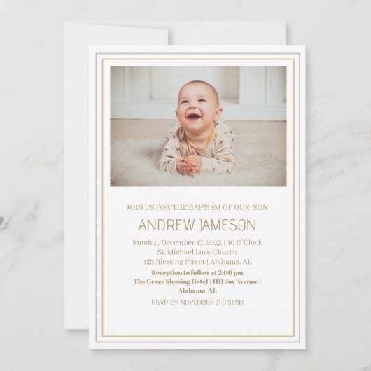 クリスチャンエレガント金ゴールドラウンドフォト |バプテスマ 招待状 (正面)