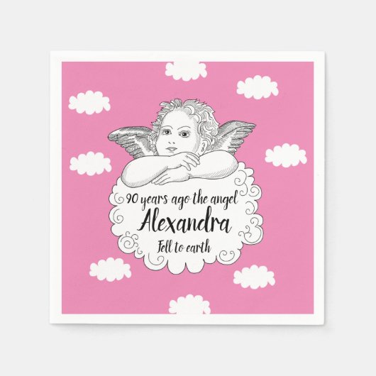 クリスチャンクラウドエンジェルハッピー90誕生日ピンク スタンダードカクテルナプキン (正面)