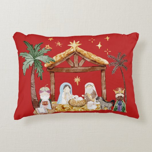 クリスチャンクリスマスウォーターカラー出生レッド アクセントクッション (正面)