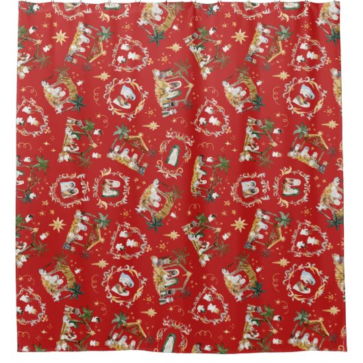 クリスチャンクリスマスウォーターカラー出生レッド シャワーカーテン (正面)