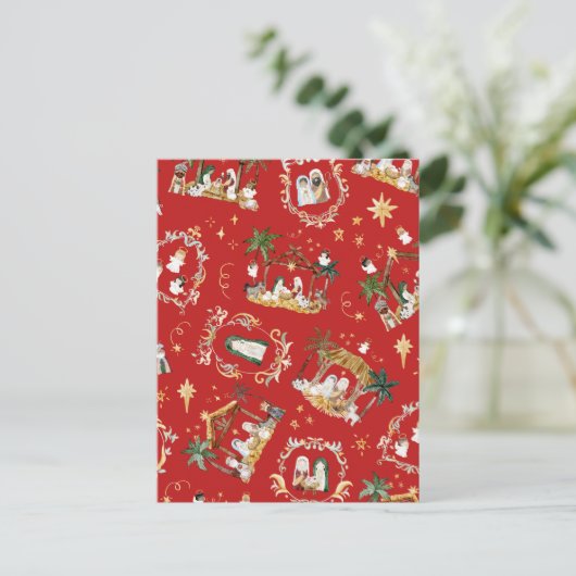 クリスチャンクリスマスウォーターカラー出生レッド シーズンポストカード (スタンド正面)