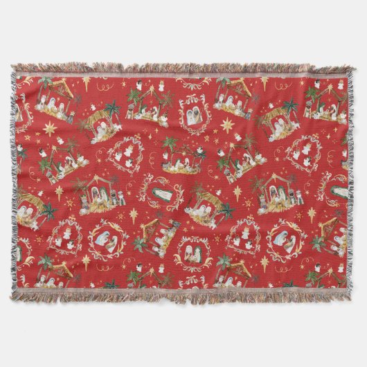 クリスチャンクリスマスウォーターカラー出生レッド スローブランケット (正面)
