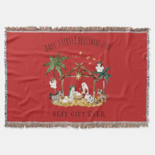 クリスチャンクリスマスウォーターカラー出生レッド スローブランケット