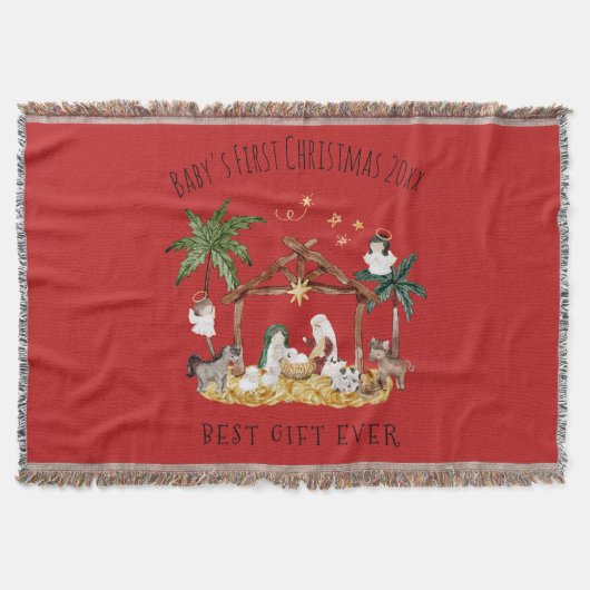 クリスチャンクリスマスウォーターカラー出生レッド スローブランケット (正面)