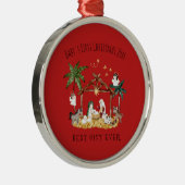 クリスチャンクリスマスウォーターカラー出生レッド メタルオーナメント (右)
