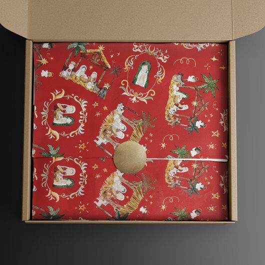 クリスチャンクリスマスウォーターカラー出生レッド ラッピングペーパー