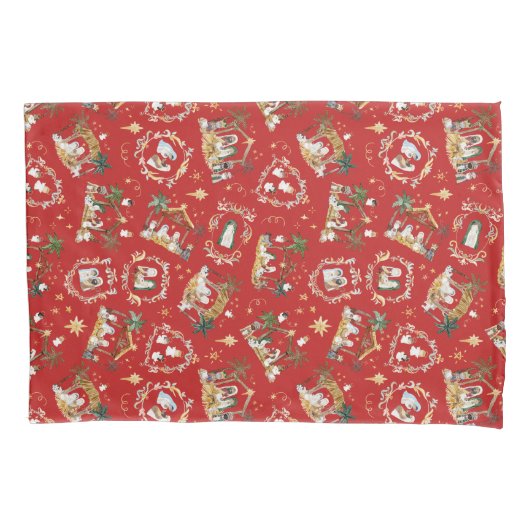 クリスチャンクリスマスウォーターカラー出生レッド 枕カバー (正面)