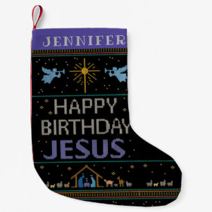 クリスチャンクリスマスセーターハッピーバースデーイエス スモールクリスマスストッキング