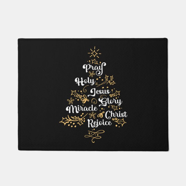 クリスチャンクリスマスツリーファミリーホリデーチャーチ ドアマット (正面)