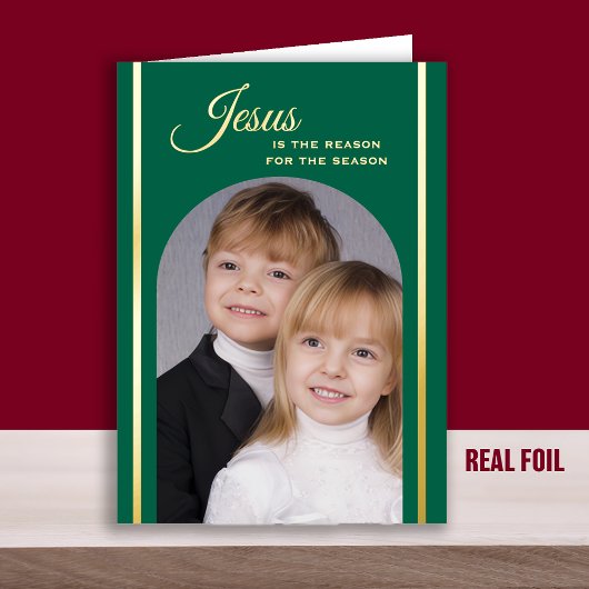 クリスチャンクリスマスフォトエメラルドグリーン金ゴールド 箔グリーティングカード