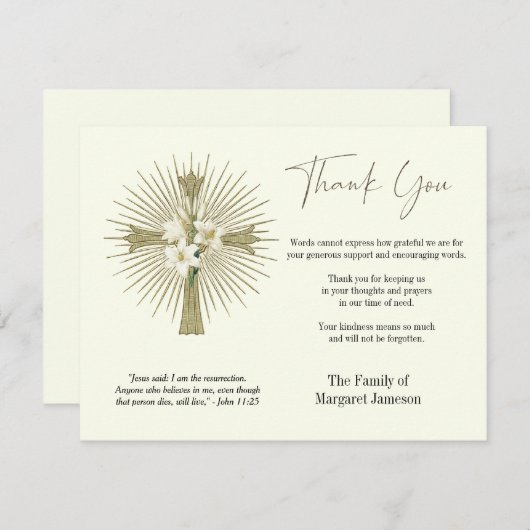 クリスチャンクロスリリー葬儀の哀悼悔やみや弔慰 サンキューカード (正面/裏面)