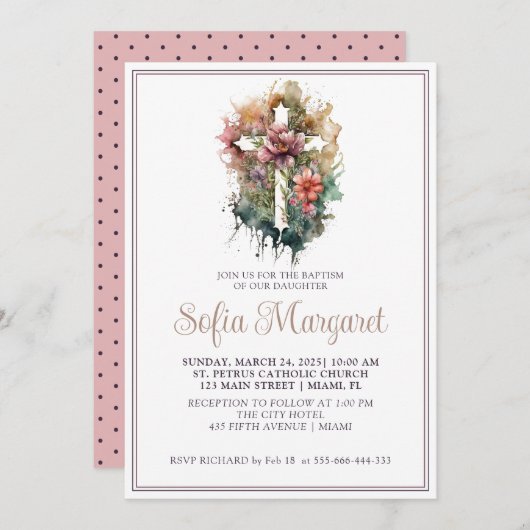 クリスチャンクロス水彩花少女バプテスマ 招待状 (正面/裏面)