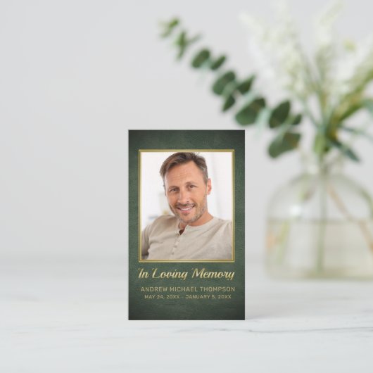 クリスチャングリーン金ゴールド写真葬式祈りの言葉カード 名刺 (スタンド正面)
