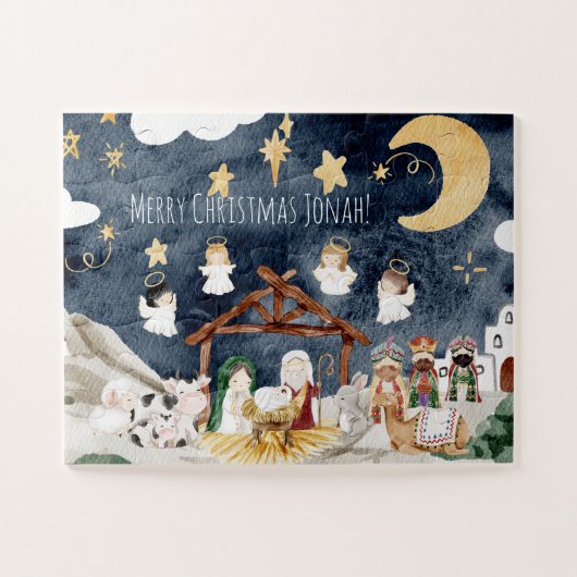 クリスチャンパーソナライズされたキッズクリスマスに名前を付ける ジグソーパズル (横)
