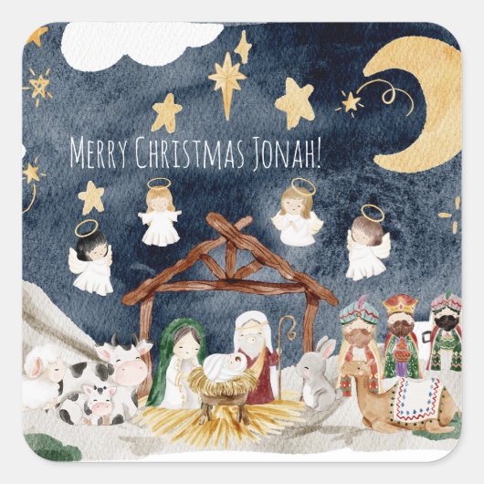 クリスチャンパーソナライズされたキッズクリスマスに名前を付ける スクエアシール (正面)