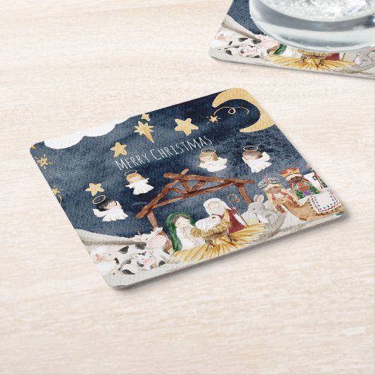 クリスチャンパーソナライズされたクリスマスキッズ出生 スクエアペーパーコースター (アングル)