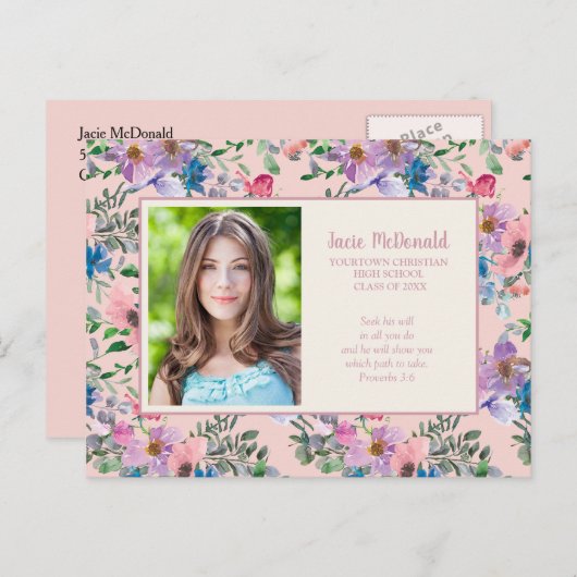 クリスチャンピンクパープルフローラ卒業写真 案内ポストカード (正面/裏面)