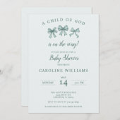 クリスチャンベビーコケットが神の緑の子供を弓 招待状 (正面/裏面)