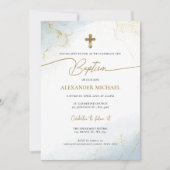 クリスチャンモダンブルー金ゴールドクロスボーイバプテスマ 招待状 (正面)