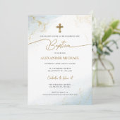 クリスチャンモダンブルー金ゴールドクロスボーイバプテスマ 招待状 (スタンド正面)