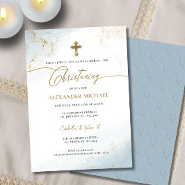クリスチャンモダンブルー金ゴールドクロスボーイ《キリスト教》洗礼式や命名式 招待状