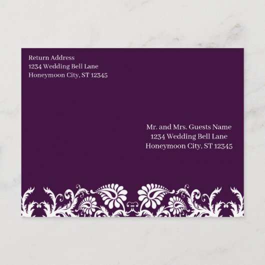 クリスチャンヴィンテージダマスクウェディング招待状パープル インビテーションポストカード (裏面)