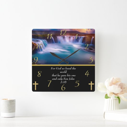 クリスチャン信仰の滝ヨハネ3:16 スクエア壁時計 (ホーム)