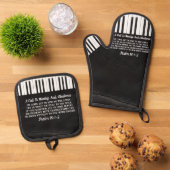 クリスチャン信仰引用文とピアノ鍵イメージブラック 鍋つかみ&鍋敷きセット (トップダウン)