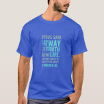 クリスチャン信仰私は道パステルカラー Tシャツ<br><div class="desc">ヨハネ14:6の聖書の聖句を持つキリスト教のTシャツイエスは彼に言った、「わたしは道であり、真理であり、いのちである。私を通し来てしか父に対して誰も出来ない」詩は青いパステル色で書き物とミニマルタイポグラフィを混ぜて書かれている。このトレンディーモダン、信仰のデザインは完璧な贈り物とファッション声明である。#christian #religion #scripture #faith #bible #jesus</div>
