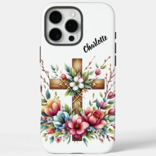 クリスチャン十字囲芸術的春の花 iPhone 16 PRO MAXケース