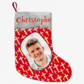 クリスチャン十字赤金ゴールドエレガント写真名 スモールクリスマスストッキング (正面)