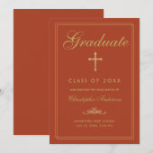 クリスチャン卒業オレンジ金ゴールドクロススクリプト 案内状 (正面/裏面)