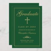クリスチャン卒業グリーン金ゴールドクロススクリプト 案内状 (正面/裏面)