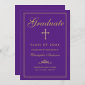 クリスチャン卒業パープル金ゴールドクロススクリプト 案内状 (正面/裏面)