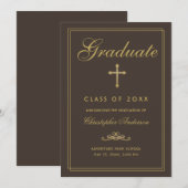 クリスチャン卒業ブラウン金ゴールドクロススクリプト 案内状 (正面/裏面)