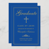 クリスチャン卒業王室のブルー金ゴールドクロススクリプト 案内状 (正面/裏面)