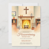 クリスチャン引っ越し祝いパーティーコージー暖炉ディナーパーティー 招待状 (正面)