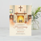 クリスチャン引っ越し祝いパーティーコージー暖炉ディナーパーティー 招待状 (スタンド正面)