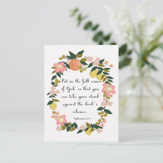 クリスチャン引用文アート – エペソ6:11 ポストカード (スタンド正面)