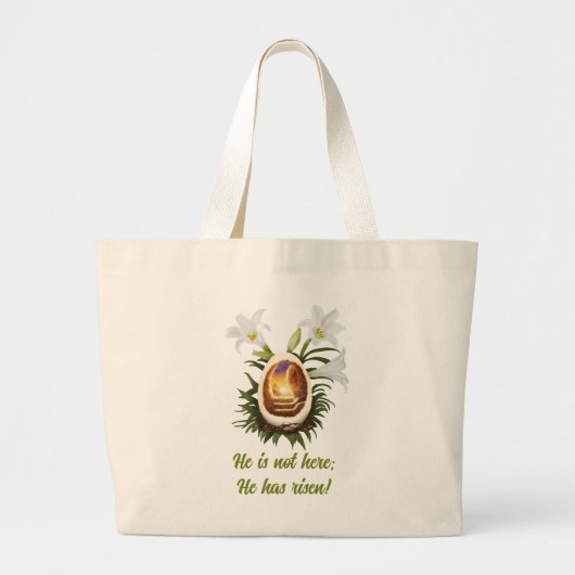 クリスチャン復活祭彼は復活している卵の洞窟ソーンクラウン ラージトートバッグ (正面)