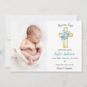 クリスチャン生誕発表写真カードブルークロス 案内状 (正面)