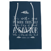 クリスチャン素朴クリスマス聖句タイポグラフィブルー ミディアムペーパーバッグ (正面)