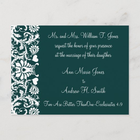 クリスチャン結婚式招待状深いティール（緑がかった色） インビテーションポストカード (正面)
