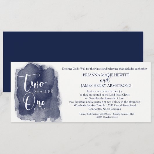 クリスチャン結婚式招待状 - 水彩 ネイビーブルー 招待状 (正面/裏面)