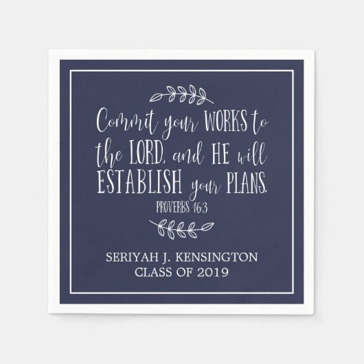 クリスチャン聖句タイポグラフィネイビーブルー卒業 スタンダードカクテルナプキン (正面)