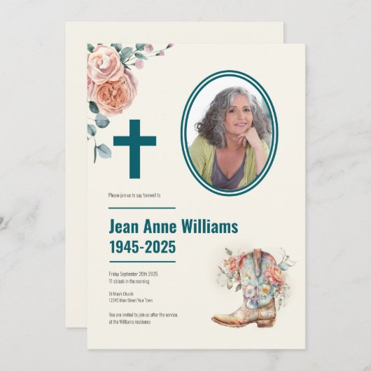 クリスチャン葬儀女性のカーボーイブーツ&バラ | 4写真 招待状 (正面/裏面)