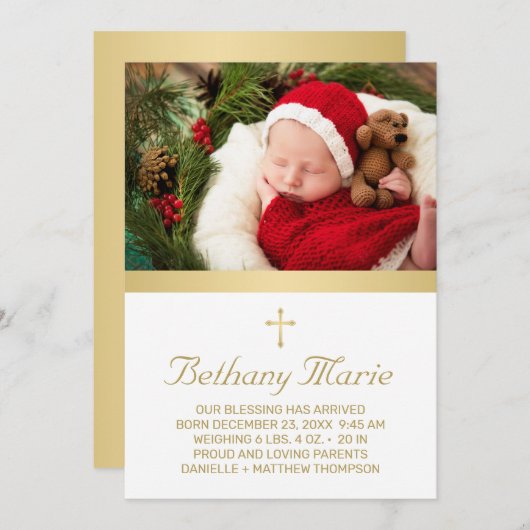 クリスチャン金ゴールドスクリプトホリデーベビー誕生写真 案内状 (正面/裏面)