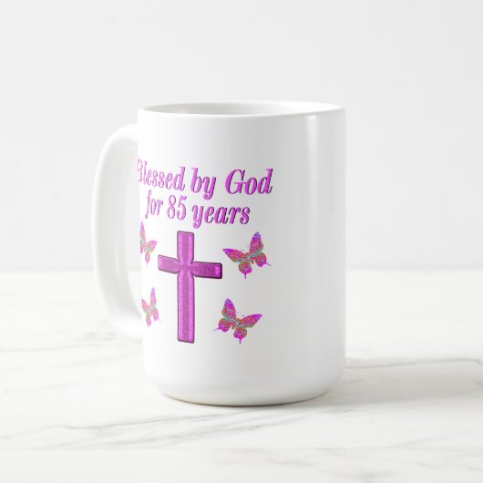 クリスチャン85番目の誕生日ピンククロスデザイン コーヒーマグカップ (正面左)