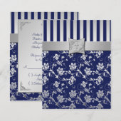 クリスチャン ネイビーとシルバーの花柄のRSVPカード 招待状 (正面/裏面)