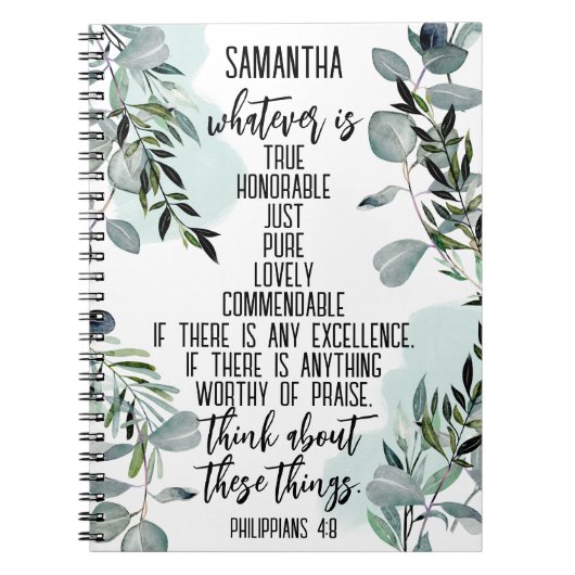 クリスチャン・バイブル聖句ピリピ4 8ユーカリ ノートブック (正面)